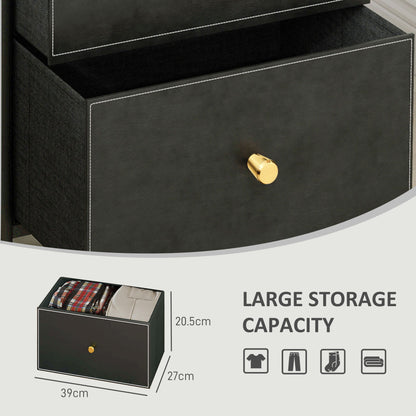 Open black faux leather drawer with gold-tone knob and spacious interior