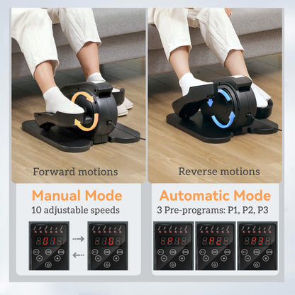 Under-desk elliptical exerciser shown with forward and reverse pedal motion settings
