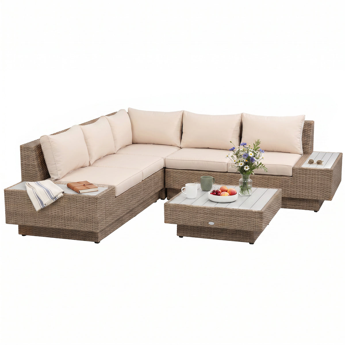 Beige rattan garden corner sofa set with cushions, side trays and slatted coffee table