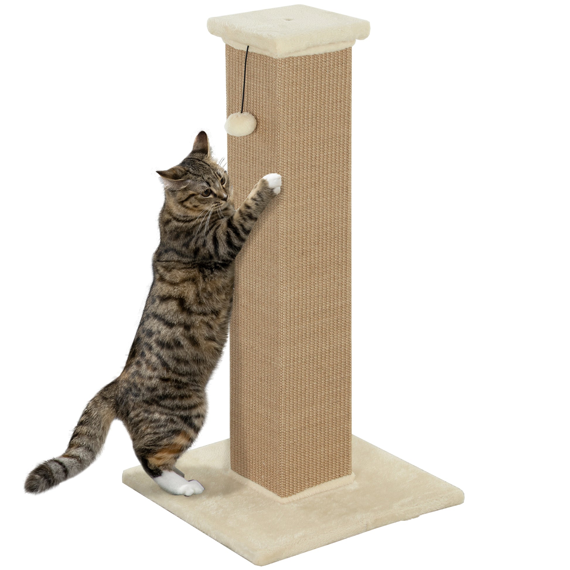 Photo of PawHut 81cm Cat Scratcher, Vertical Full Scratcher w/ Natural Jute Rope, Hanging Ball, Soft Plush - Beige in Beige colour on a white background