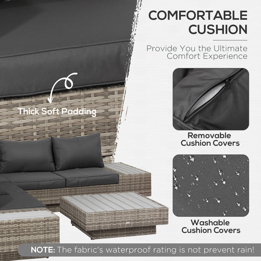 Rattan corner sofa set with thick dark cushions and removable, washable covers