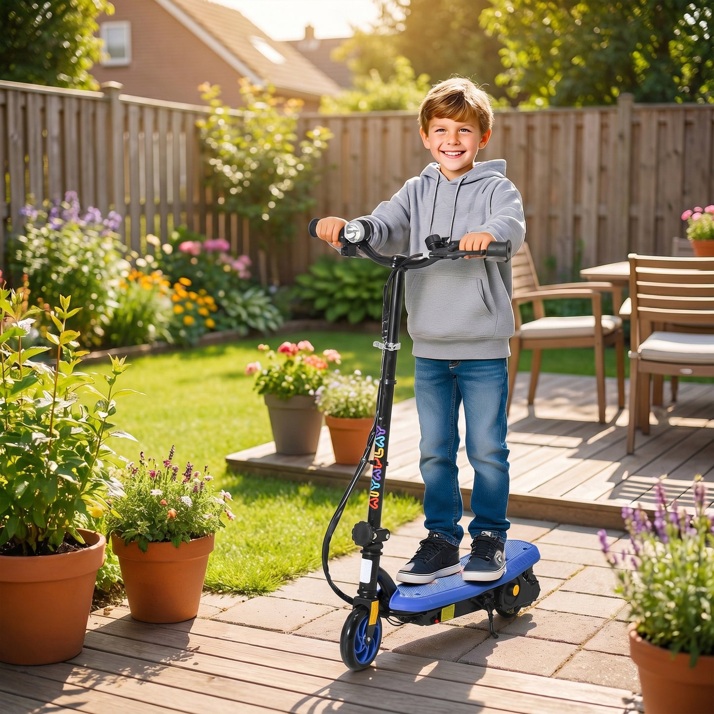HOMCOM Foldable Electric Scooter, with LED Lights, for Ages 7-14 Years, Blue