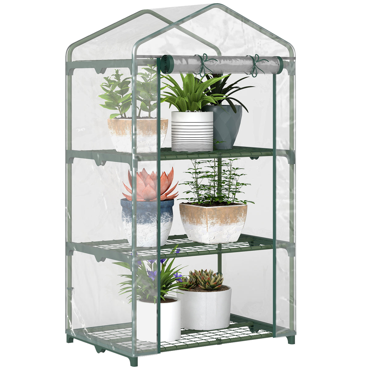 Outsunny mini greenhouse with clear cover, roll-up door, wire shelves, and potted plants