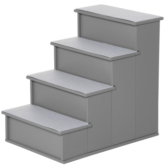 Photo of PawHut 4 Step Dog Steps for Bed, Wooden Dog Steps for Sofa, Pet Stairs for Bed Couch with Non-Slip Carpet for Cats and Puppies, 40 x 59 x 54.2 cm, Grey in Grey colour on a white background