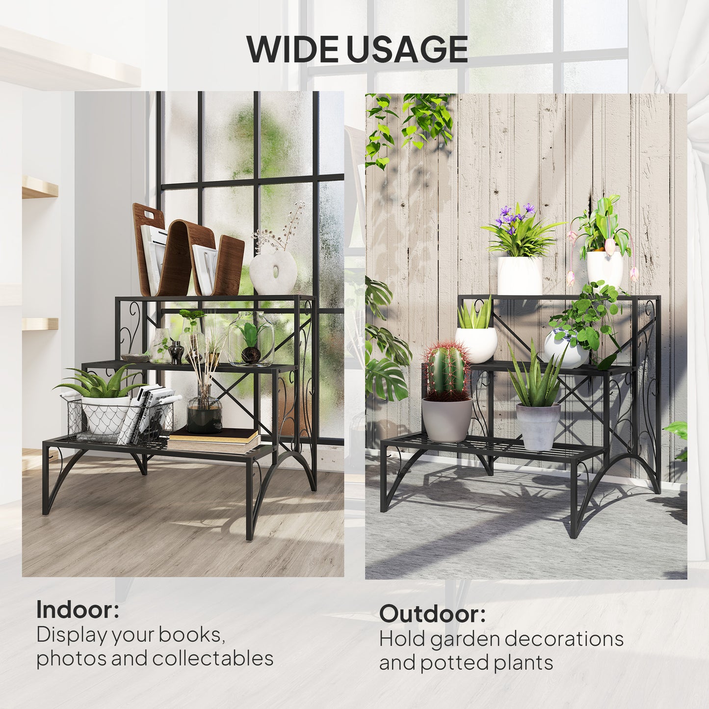 Outsunny Three-Tier Decorative Metal Plant Stand - Black