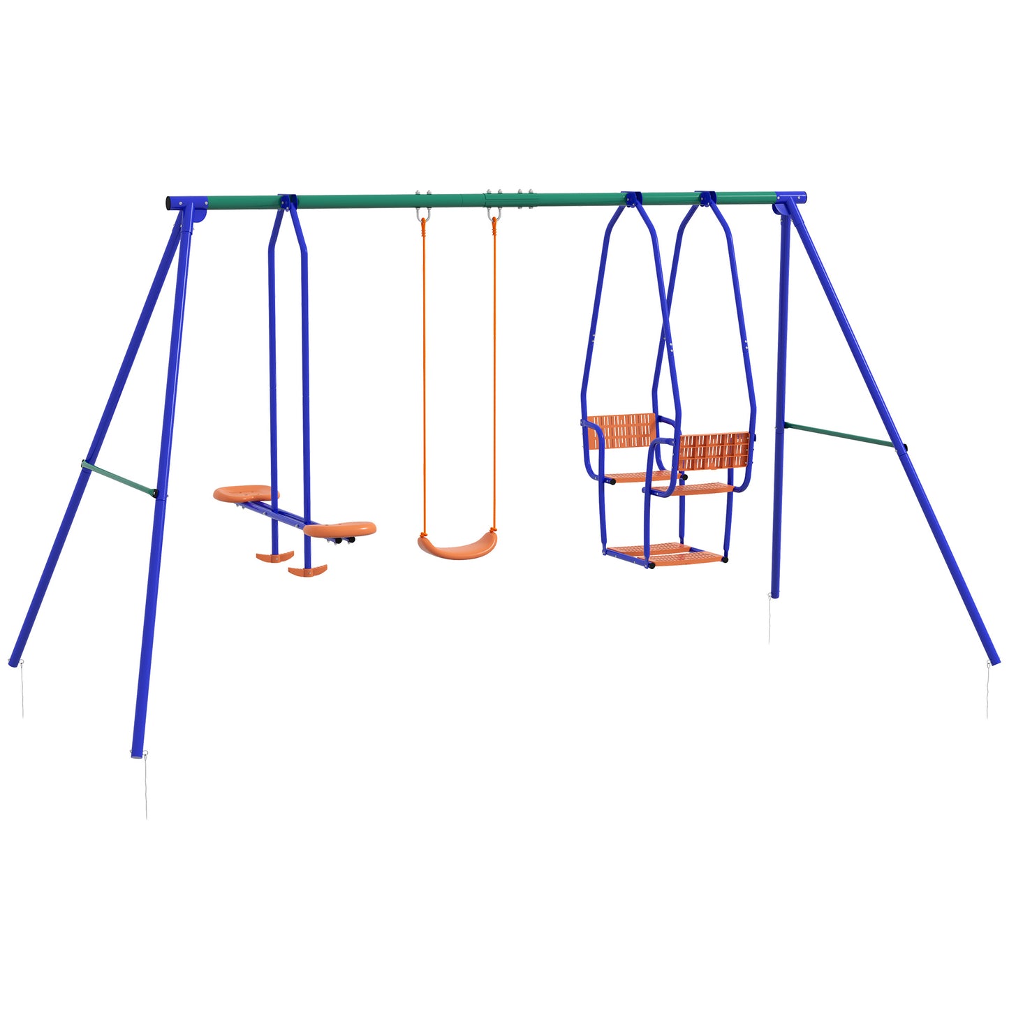 Photo of Outsunny Three-In-One Kids Metal Swing Set with Swing, Glider, Rocking Chair Swing, for Ages 3+ years - Orange and Blue in Blue colour on a white background