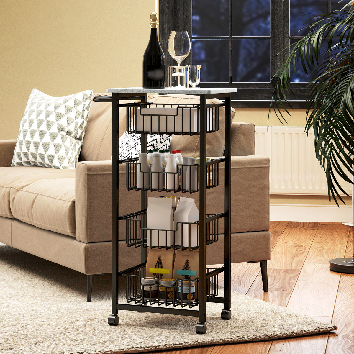 HOMCOM four-basket kitchen island with gray worktop, shown holding bottles and glassware