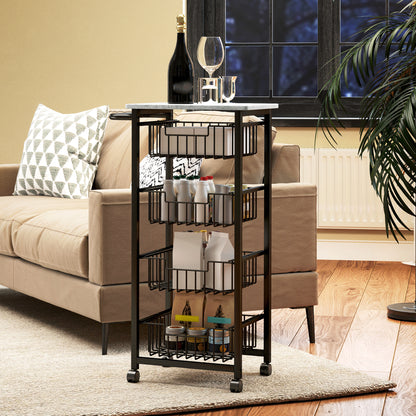 HOMCOM four-basket kitchen island with gray worktop, shown holding bottles and glassware