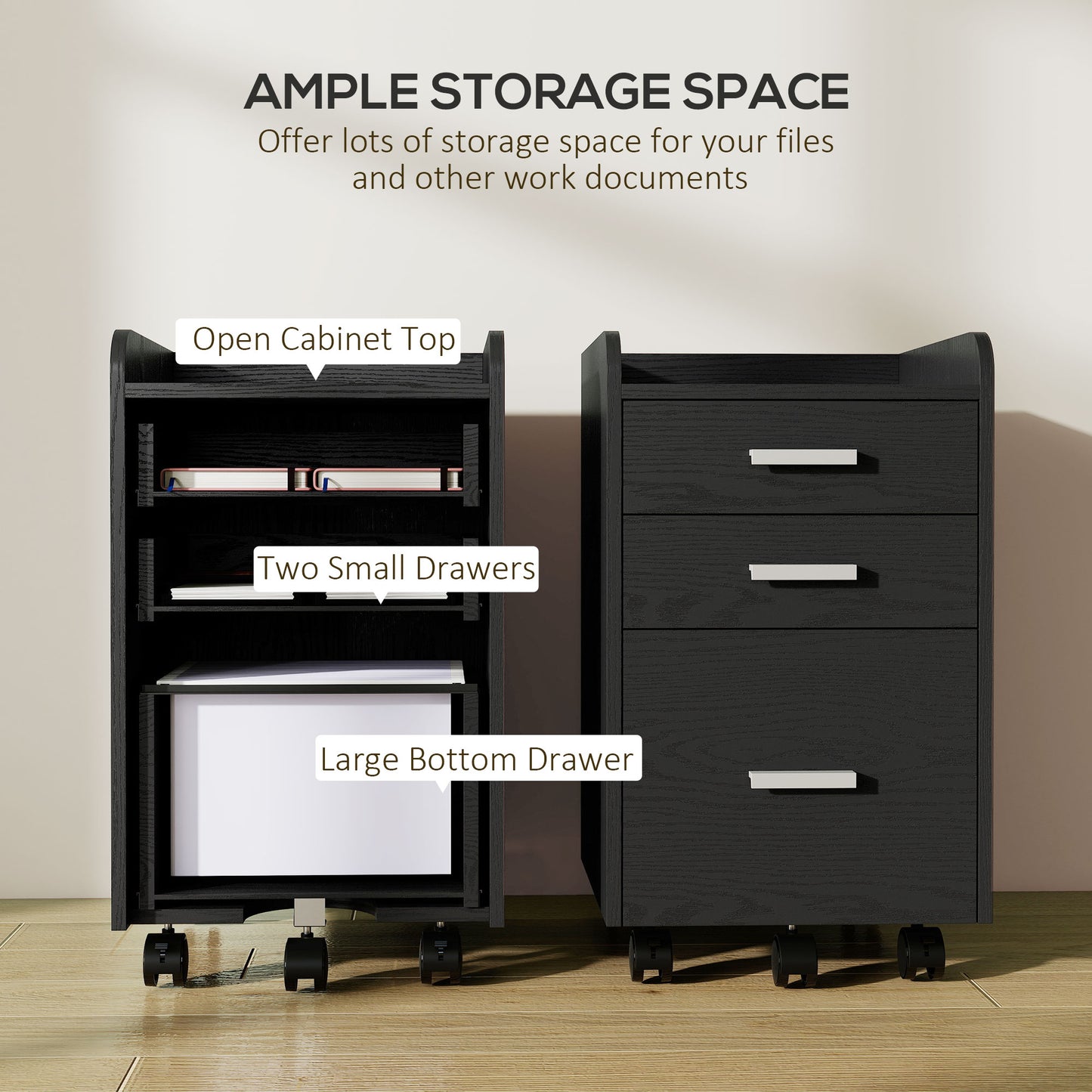 HOMCOM 3 Drawer Filing Cabinet, Rolling File Cabinet with Edged Top for Letter, A4 Size, Hanging File Folders, Black