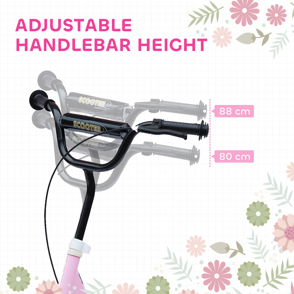 Pink scooter handlebar with adjustable height from 80 to 88 cm.