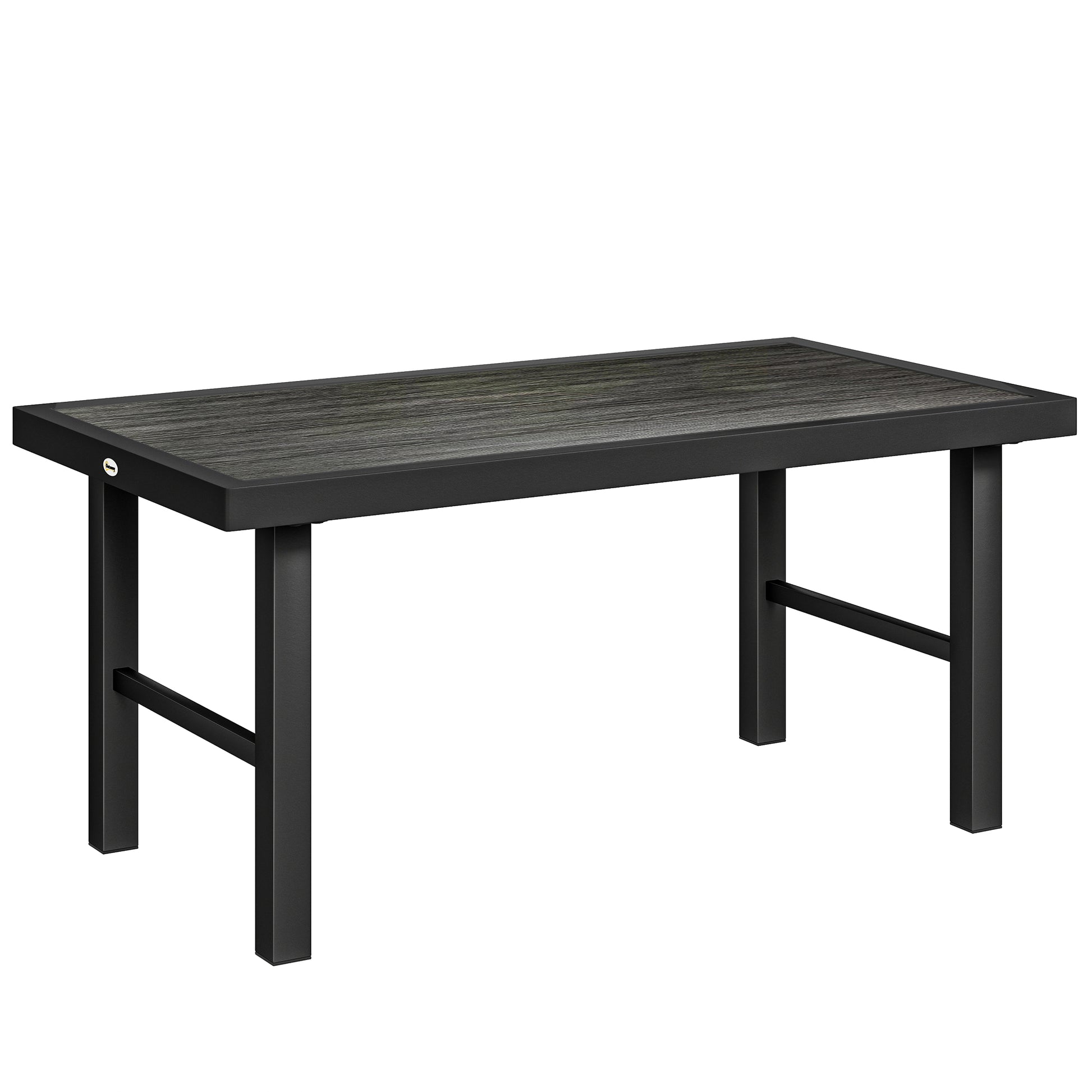 Photo of Outsunny Metal Garden Coffee Table, Outdoor Side Table with SPC Woodgrain Tabletop for Outside, 100 x 52 x 46cm, Dark Grey in Grey colour on a white background