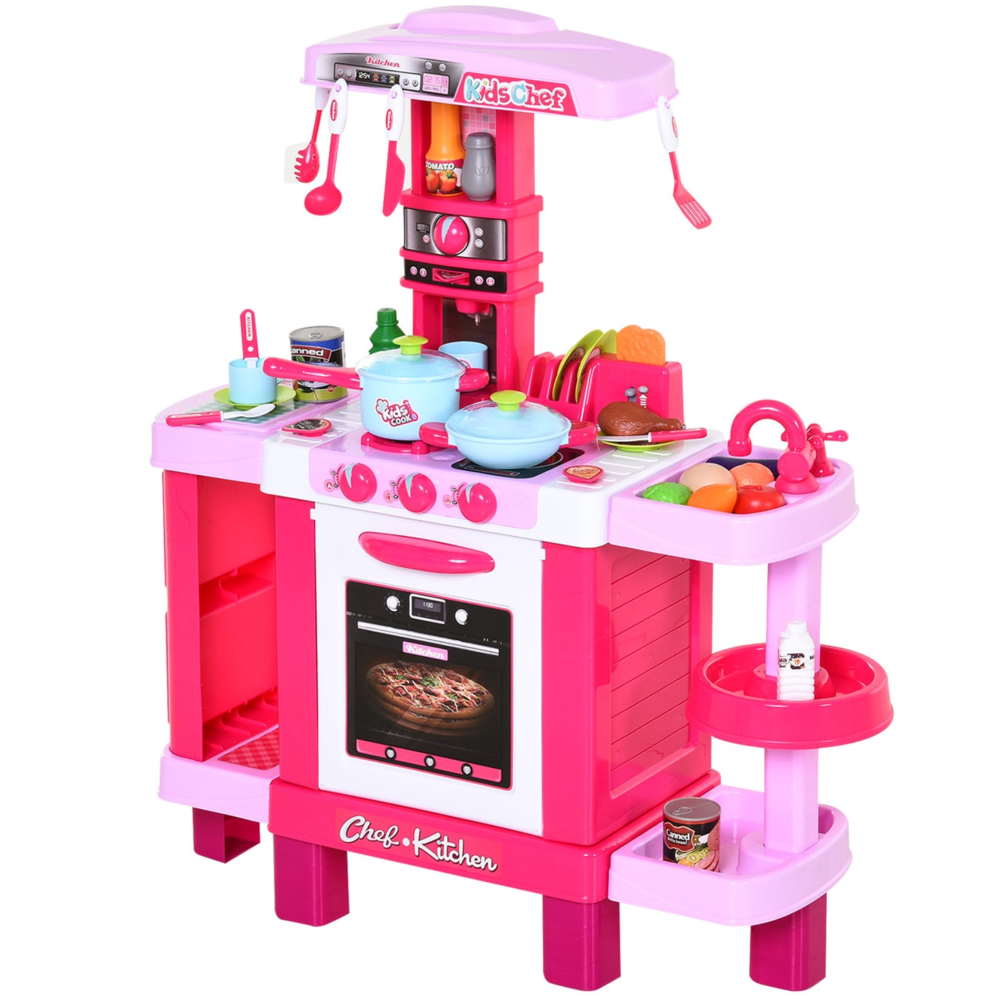 Photo of HOMCOM 38 Pcs Kids Children Kitchen Play Set w/ Realistic Sounds Lights Food Utensils Pots Pans Appliances Toy Game Pink in Pink colour on a white background
