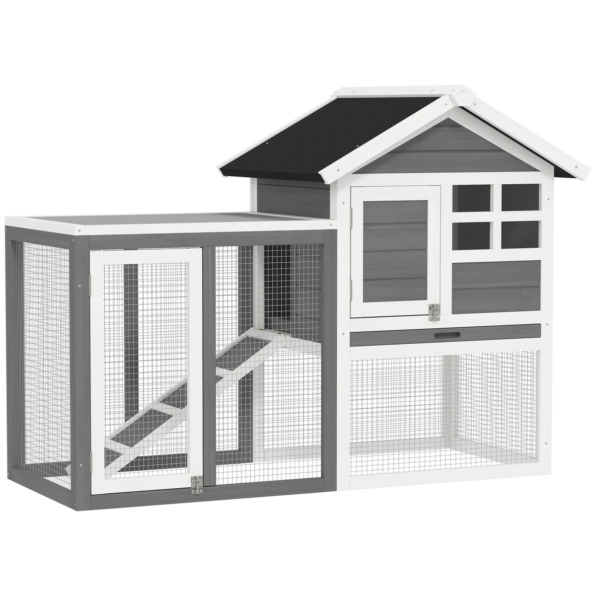 Wooden rabbit hutch with enclosed wire-mesh run, ramp, raised shelter and asphalt roof
