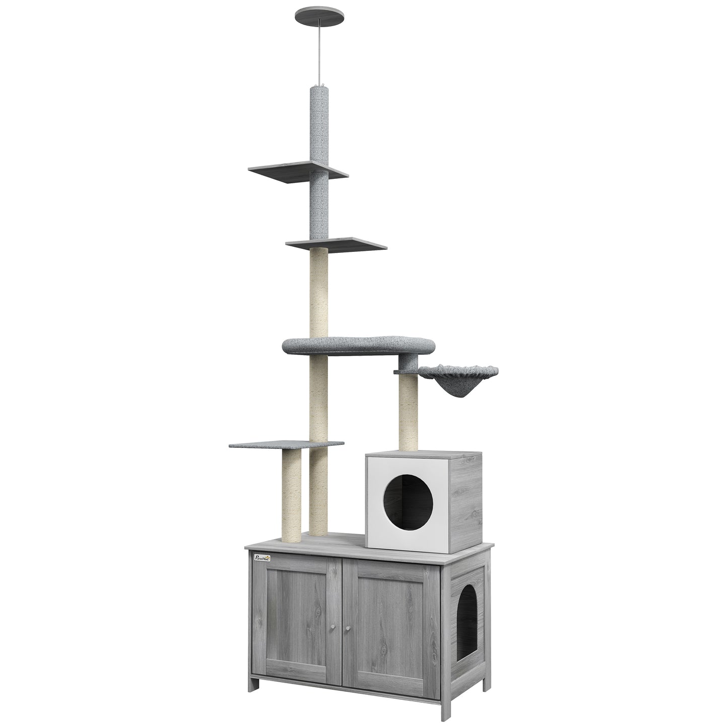 Photo of PawHut 2-in-1 Floor-To-Ceiling Cat Tree with Hidden Litter Box, for Indoor Use - Grey in Grey colour on a white background