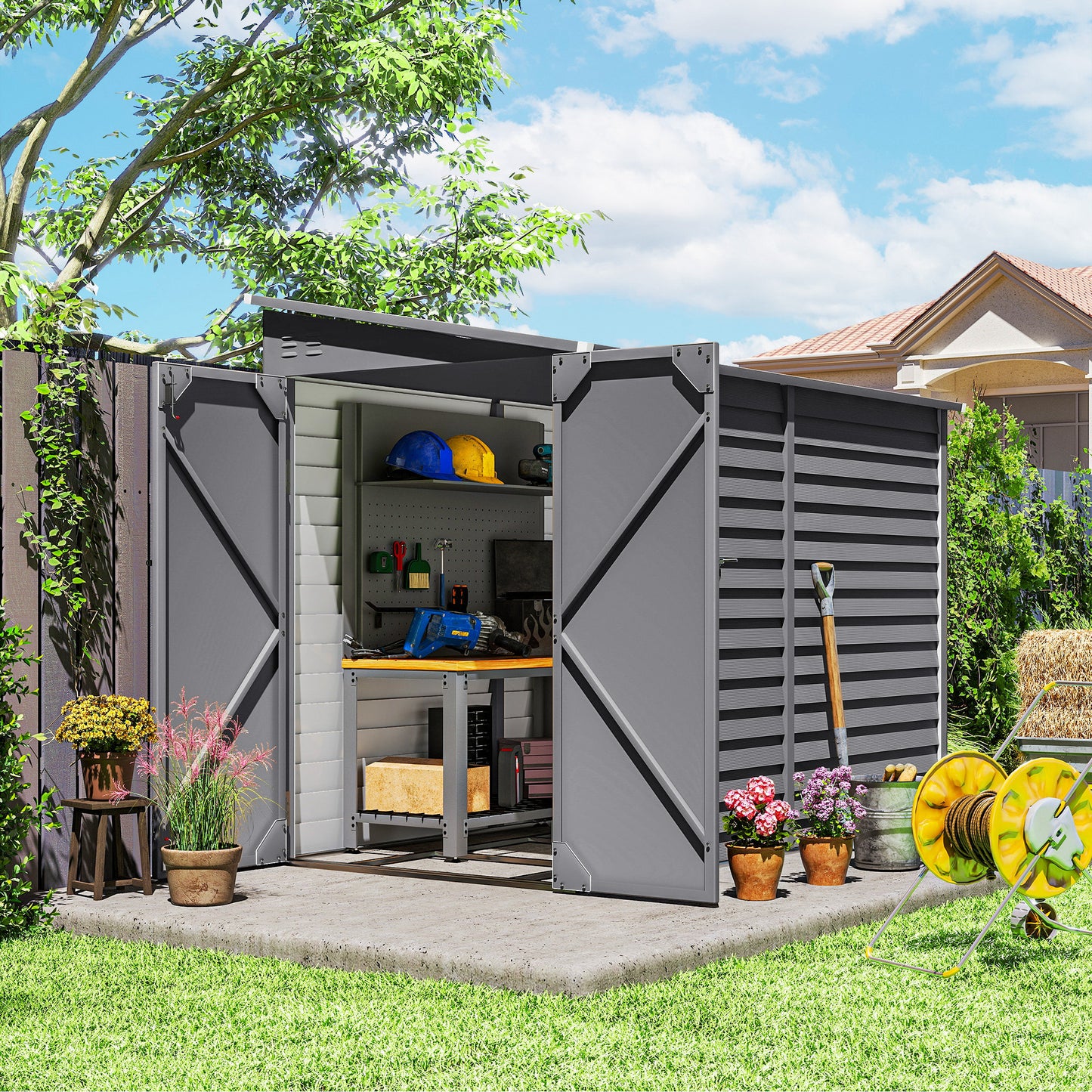 Outsunny 5 x 9ft Galvanised Metal Garden Shed with Foundation Kit, Outdoor Lean-to Shed, Tool Storage House for Garden, Grey