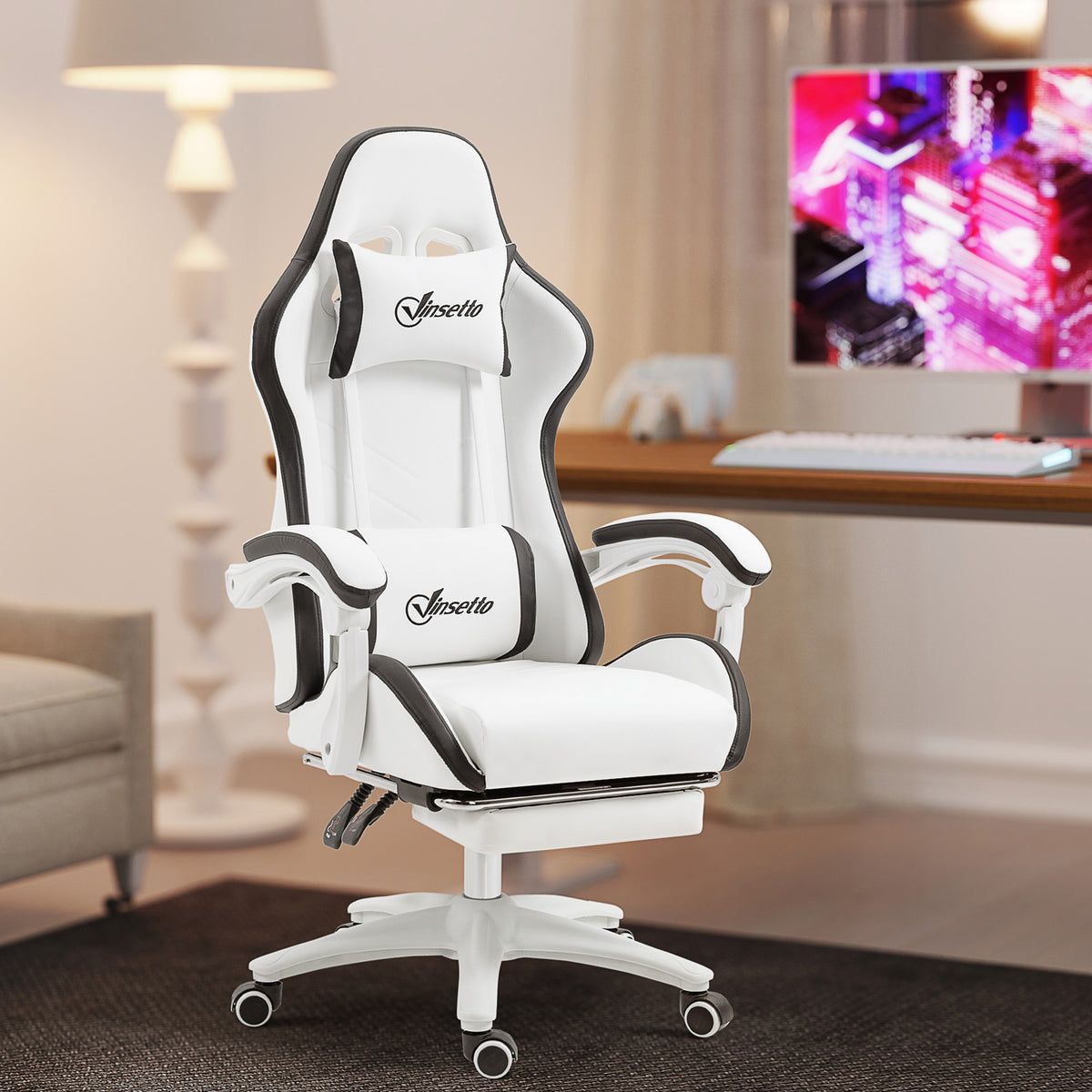 Vinsetto Gaming Chair, Computer Gamer Chair with Reclining High Back, Headrest, Lumbar Support, Footrest, Swivel Wheels, PU Leather, Adjustable Height for Home, White and Black