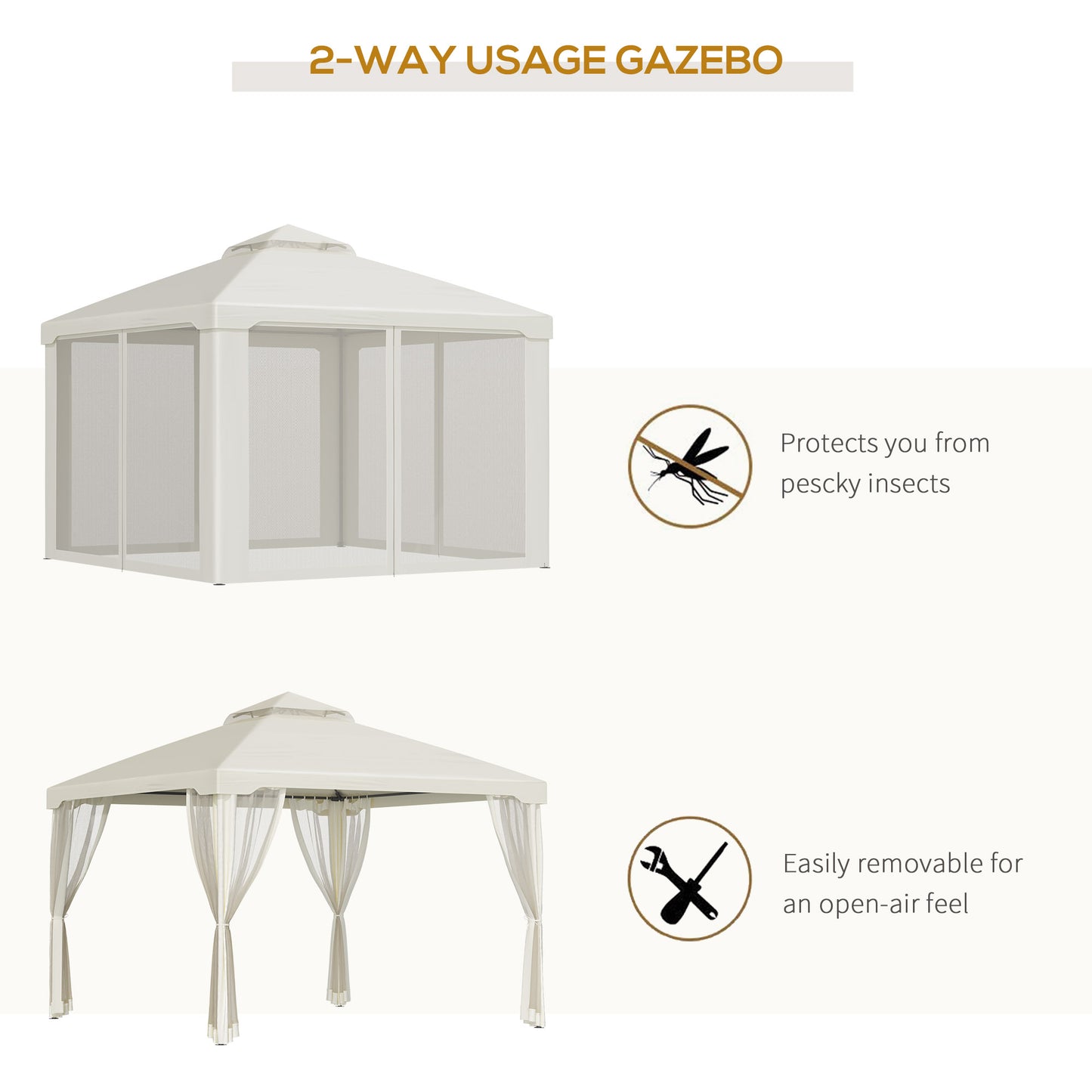 Outsunny 3 x 3 m Metal Gazebo, Double Roof Canopy Shelter with Mesh Sidewalls, Cream White