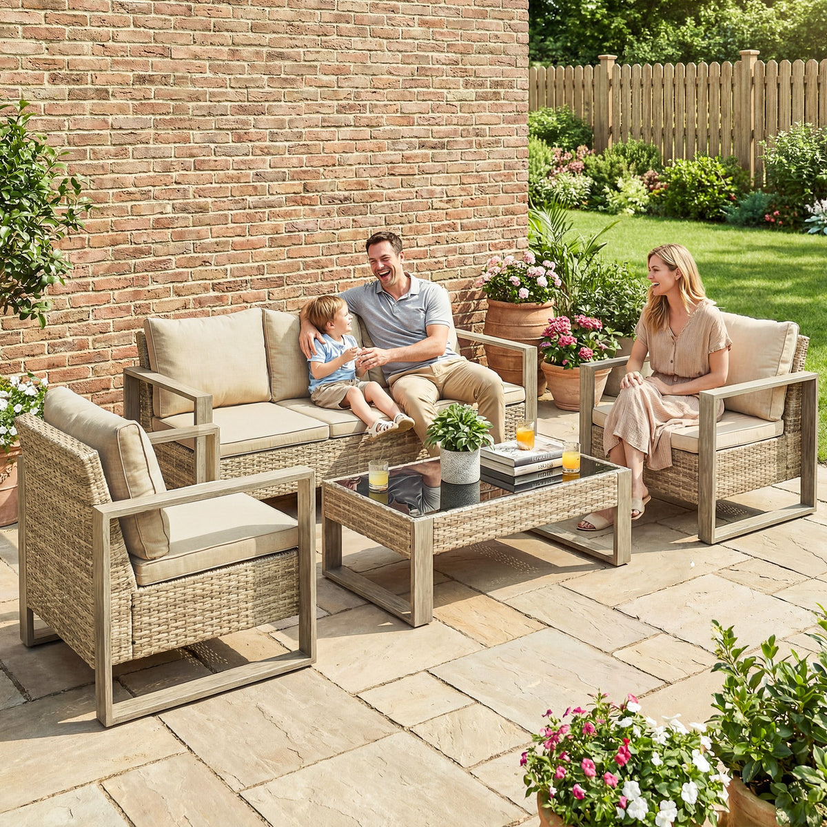 Outsunny 4 Piece Rattan Garden Furniture Set with 3-Seater Sofa, Armchairs, Table, Aluminium Frame Patio Conversation Set, Khaki