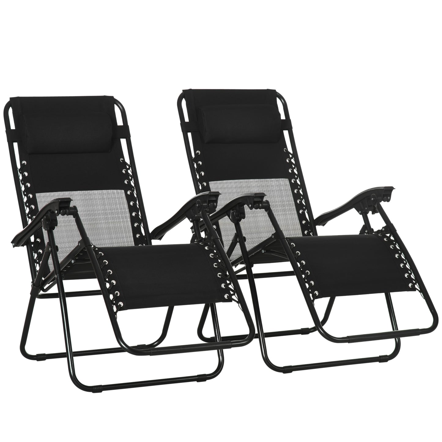 Photo of Outsunny Garden Recliner Chairs Set of 2, Outdoor Foldable Zero Gravity Chairs Set w/ Footstool and Detachable Headrest, Black in Black colour on a white background