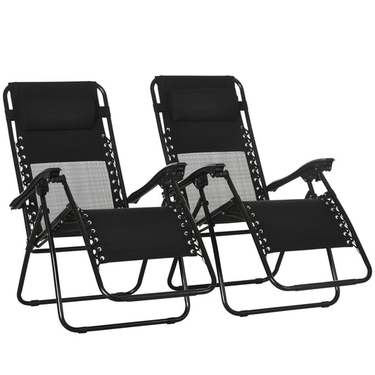 Photo of Outsunny Garden Recliner Chairs Set of 2, Outdoor Foldable Zero Gravity Chairs Set w/ Footstool and Detachable Headrest, Black in Black colour on a white background