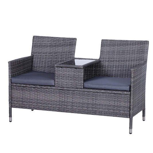 Photo of Outsunny 2-Seater PE Rattan Outdoor Garden Bench w/ Centre Table Grey in Grey colour on a white background
