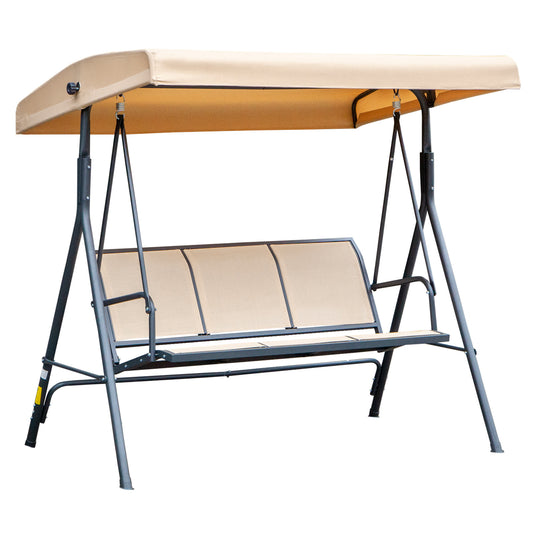 Photo of Outsunny 3 Seater Swing Chair, Garden Swing Bench with Adjustable Tilting Canopy, Breathable Mesh Seat and Heavy Duty Steel Frame for Patio, Yard, Beige in Beige colour on a white background