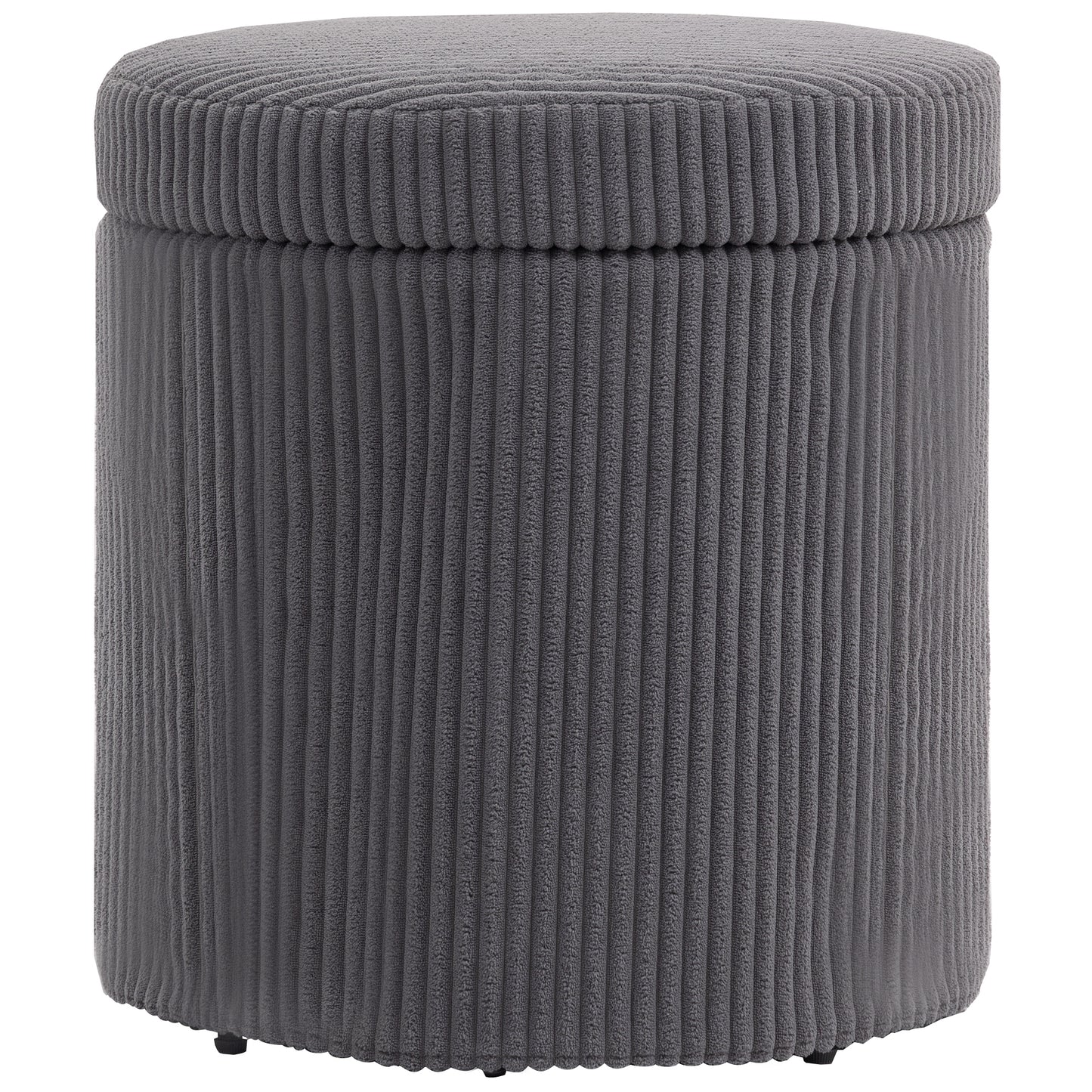 Photo of HOMCOM 40cm Round Storage Ottoman, Corduroy Footstool with Removable Lid and Legs, Vanity Stool for Living Room, Bedroom, Grey in Grey colour on a white background