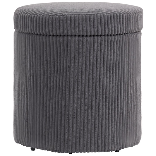 Photo of HOMCOM 40cm Round Storage Ottoman, Corduroy Footstool with Removable Lid and Legs, Vanity Stool for Living Room, Bedroom, Grey in Grey colour on a white background