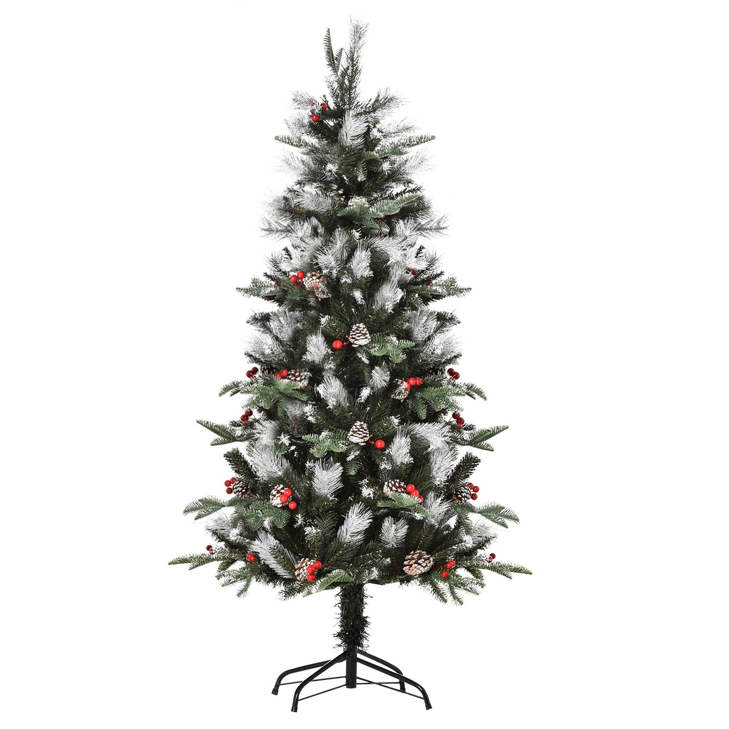 Photo of HOMCOM 5FT Artificial Snow Dipped Christmas Tree Xmas Pencil Tree Holiday Home Party Decoration with Foldable Feet Red Berries White Pinecones, Green in Green colour on a white background