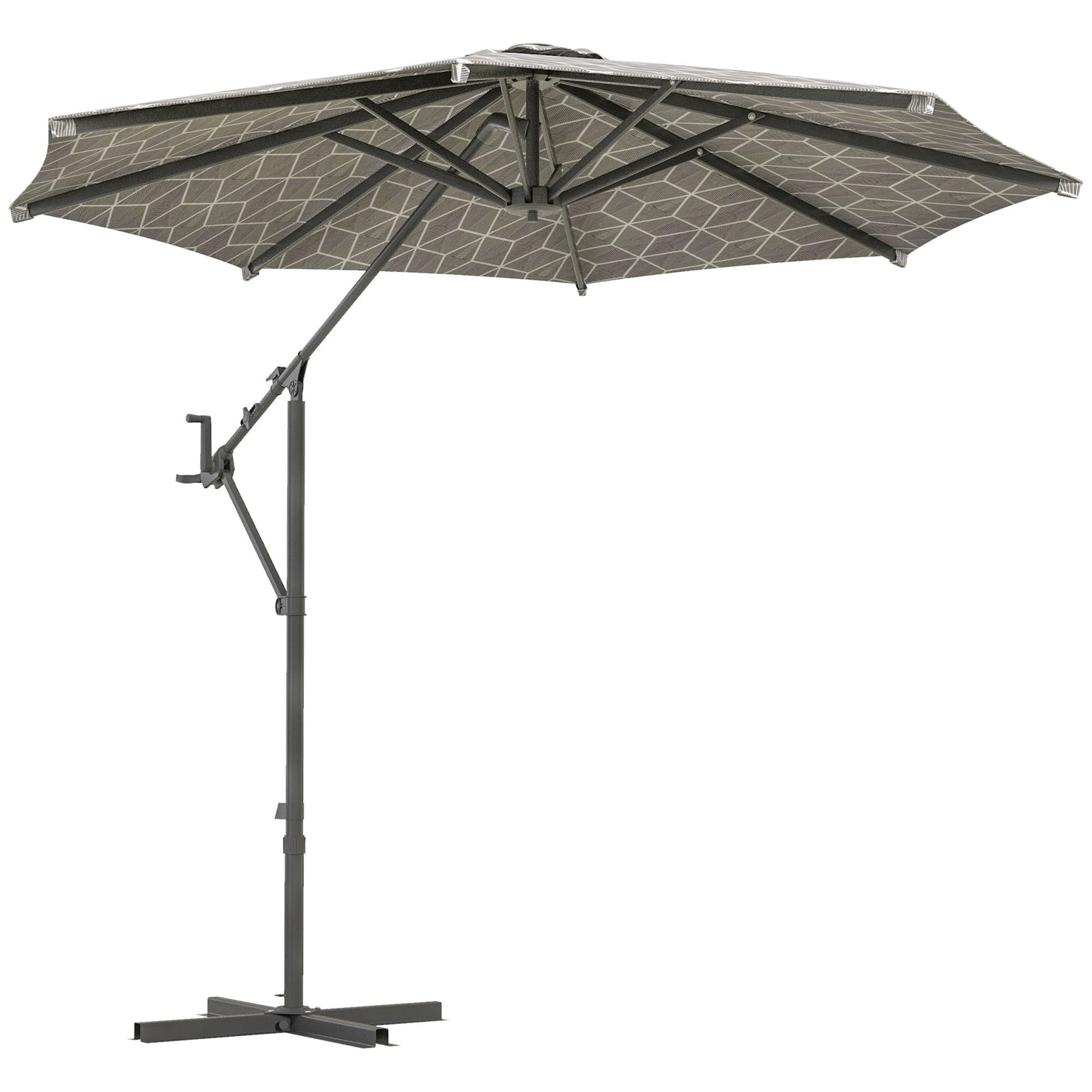 Photo of Outsunny 3(m) Convertible Cantilever Parasol and Centre-post Garden Parasol with Cross Base, 360° Rotation Banana Parasol with Crank Handle and 8 Ribs, Hanging Patio Umbrella, Black and White in White colour on a white background