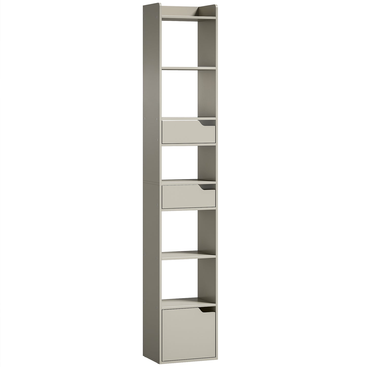 Photo of HOMCOM Bookcase Tall Narrow with 5 Tiers and Drawers Freestanding Bookshelf Storage Cabinet for Living Room Grey in Grey colour on a white background