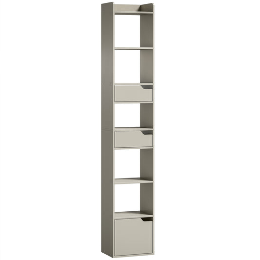 Photo of HOMCOM Bookcase Tall Narrow with 5 Tiers and Drawers Freestanding Bookshelf Storage Cabinet for Living Room Grey in Grey colour on a white background