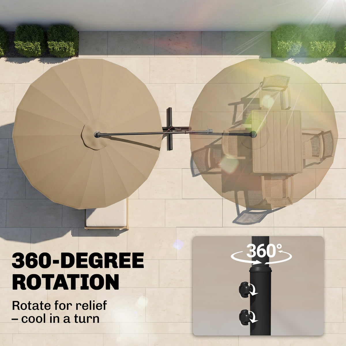Outsunny khaki cantilever umbrella shown rotating 360 degrees