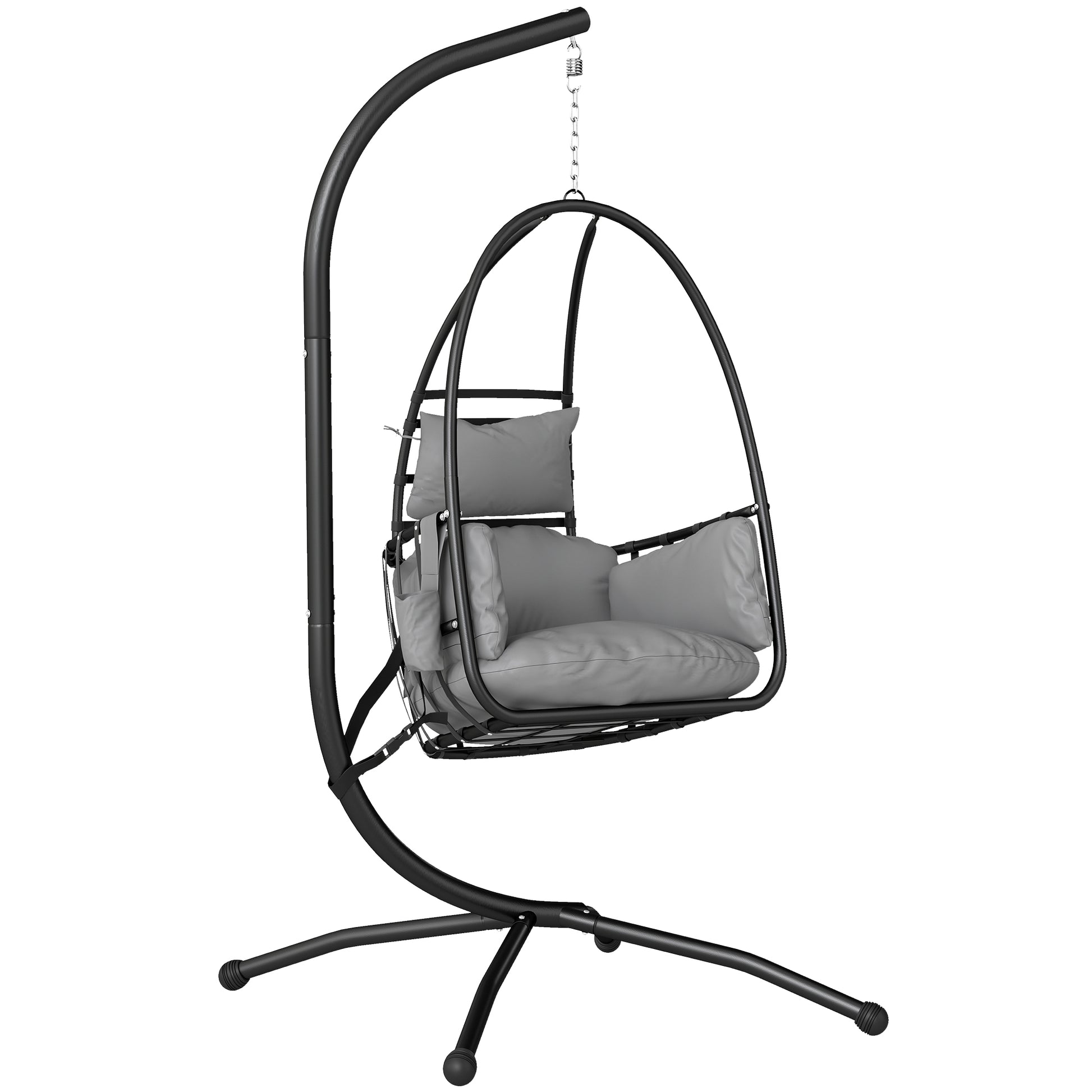 Photo of Outsunny Hanging Egg Chair, Indoor Outdoor Swinging Hammock Chair with Stand, Foldable Basket, Side Pocket, Dark Grey in Grey colour on a white background