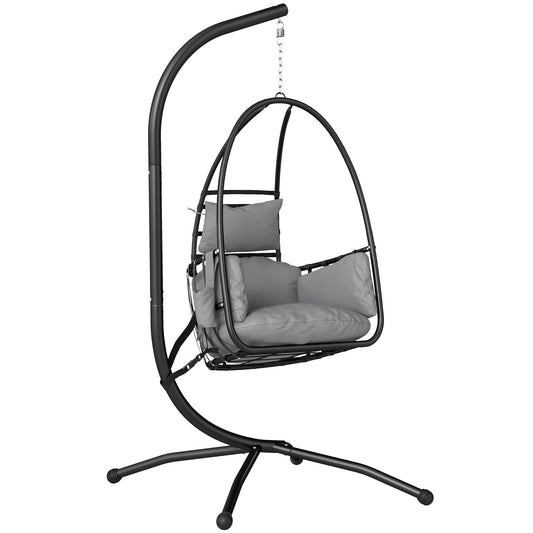 Photo of Outsunny Hanging Egg Chair, Indoor Outdoor Swinging Hammock Chair with Stand, Foldable Basket, Side Pocket, Dark Grey in Grey colour on a white background