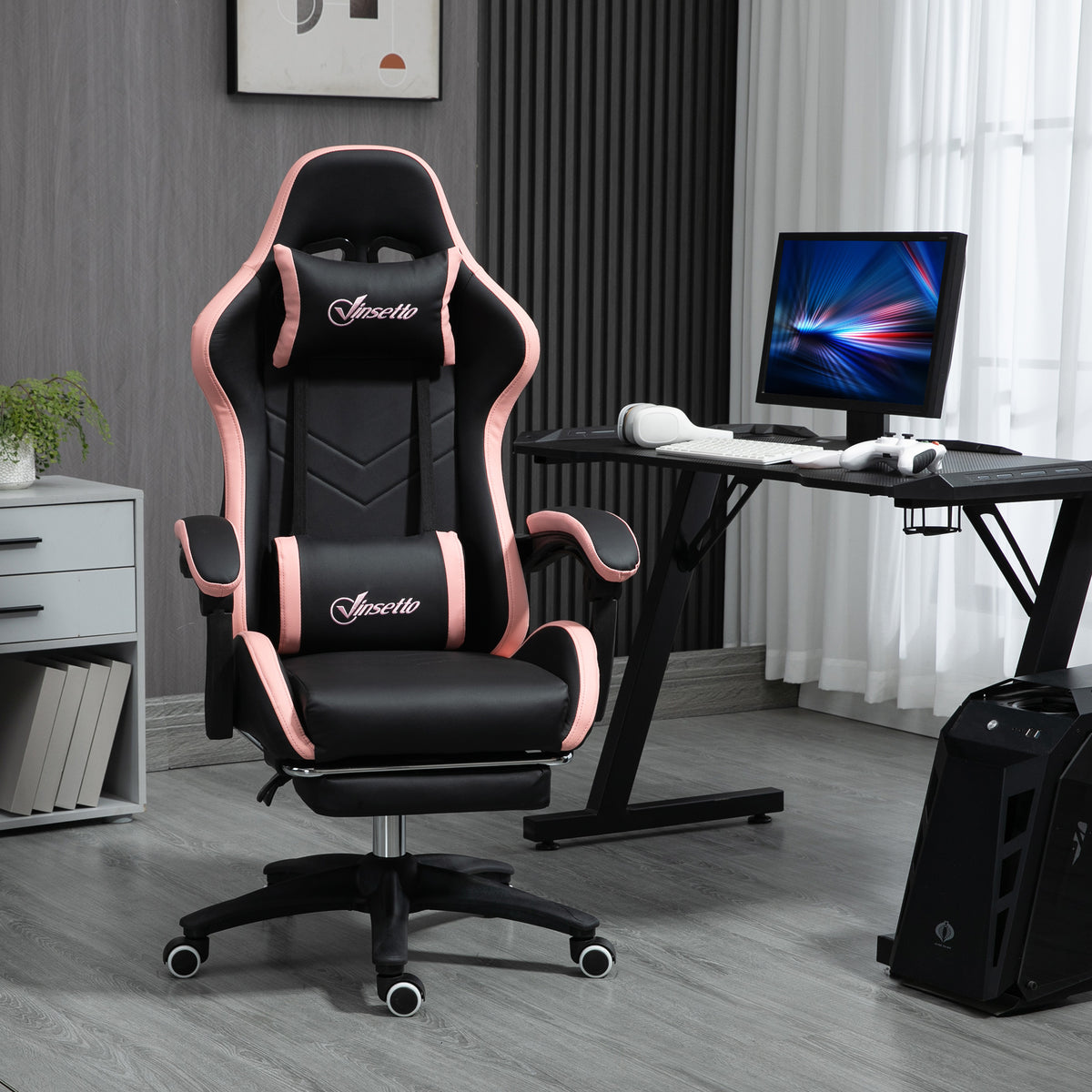 Vinsetto Gaming Chair, Computer Gamer Chair with Reclining High Back, Headrest, Lumbar Support, Footrest, Swivel Wheels, PU Leather, Adjustable Height for Home, Black and Pink