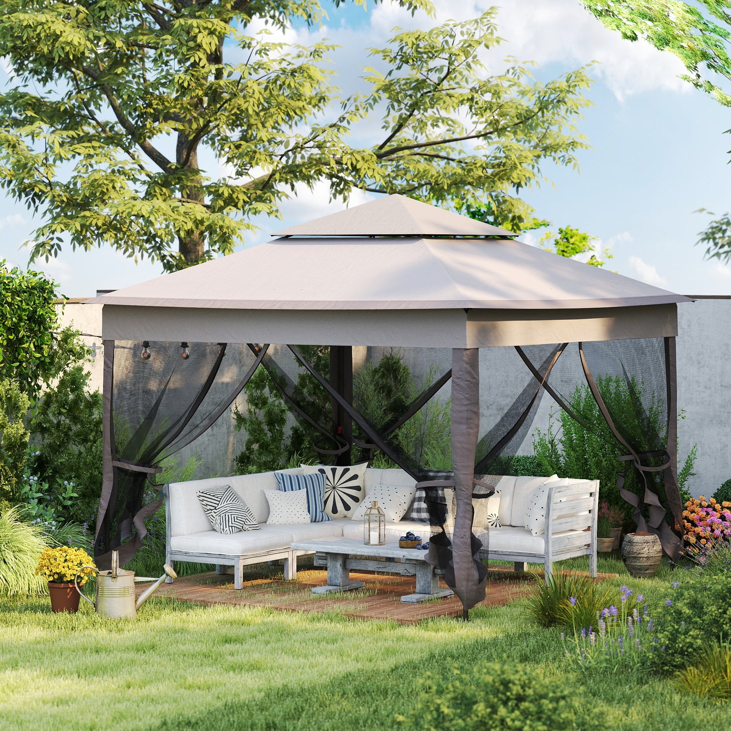 Outsunny 3.25 x 3.25m Pop Up Gazebo, Double-roof Garden Tent with Netting and Carry Bag, Party Event Shelter for Outdoor Patio, Brown and Grey