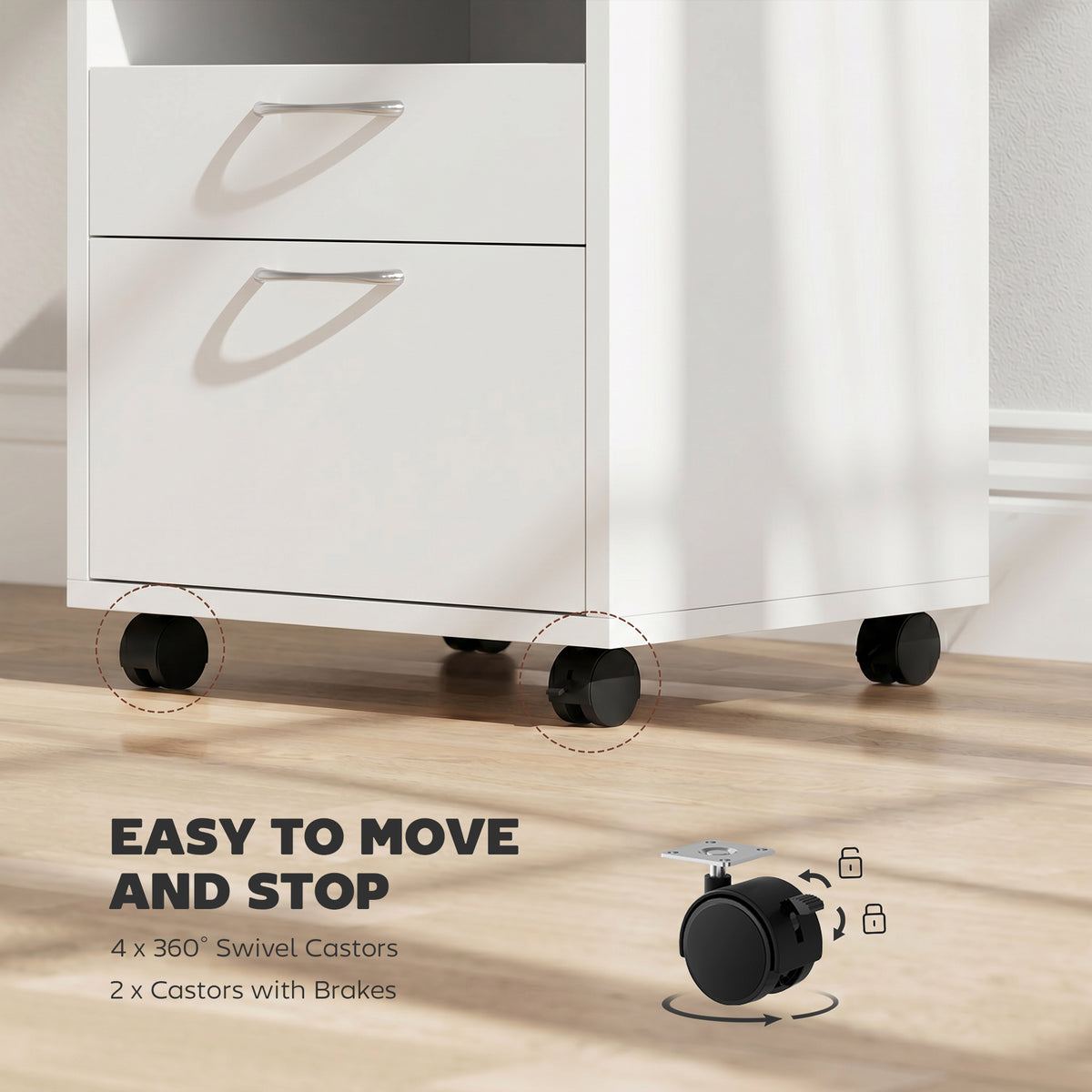 Close-up of filing cabinet wheels, including swivel casters with brakes