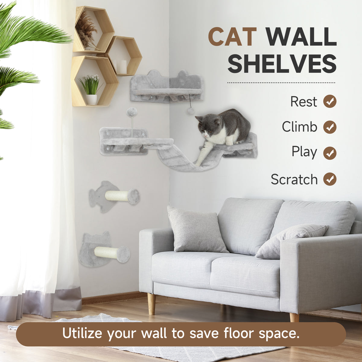 PawHut cat wall shelf set arranged above a sofa, with a cat using the platforms