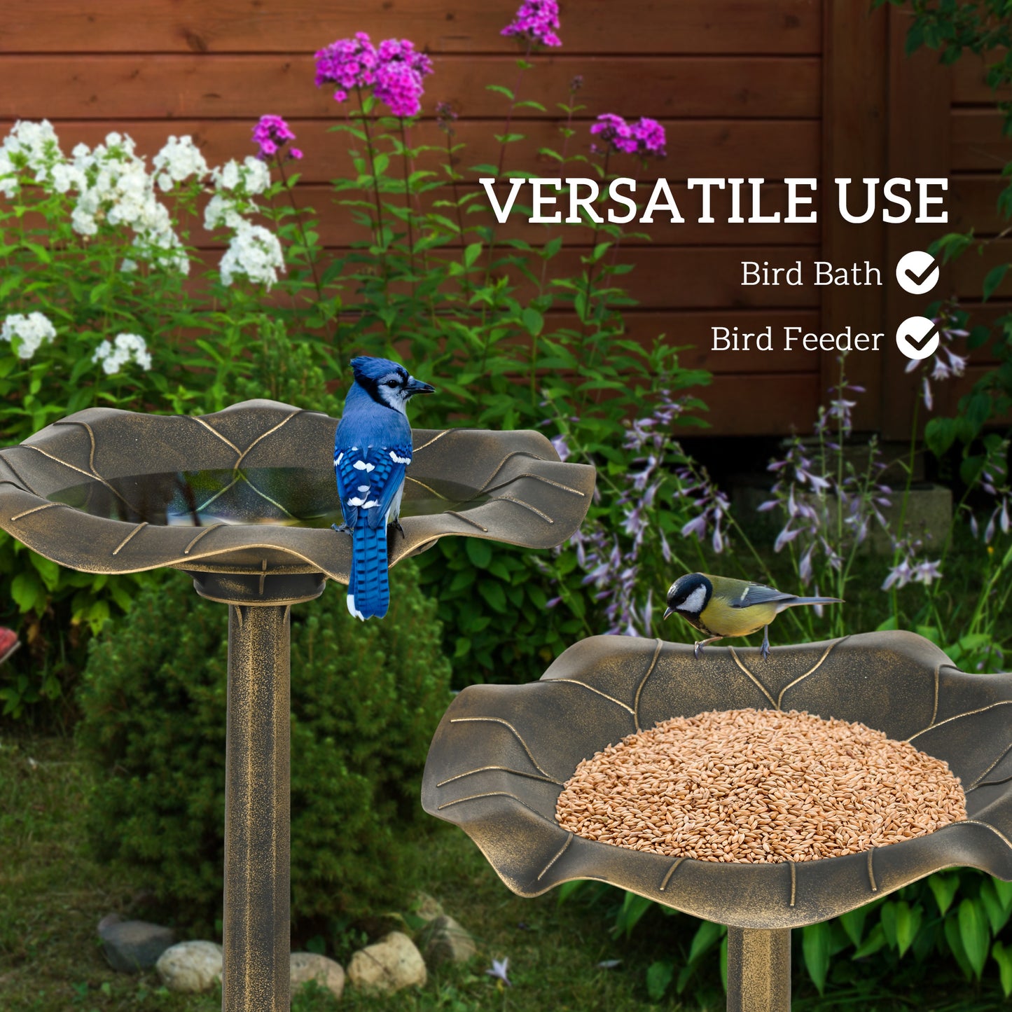 Outsunny 71cm Bird Bath for Garden, Standing Pedestal Birdbath with Lotus Leaf Basin, Vintage Decorative Bird Bath Bowl for Outdoor, Bronze Tone