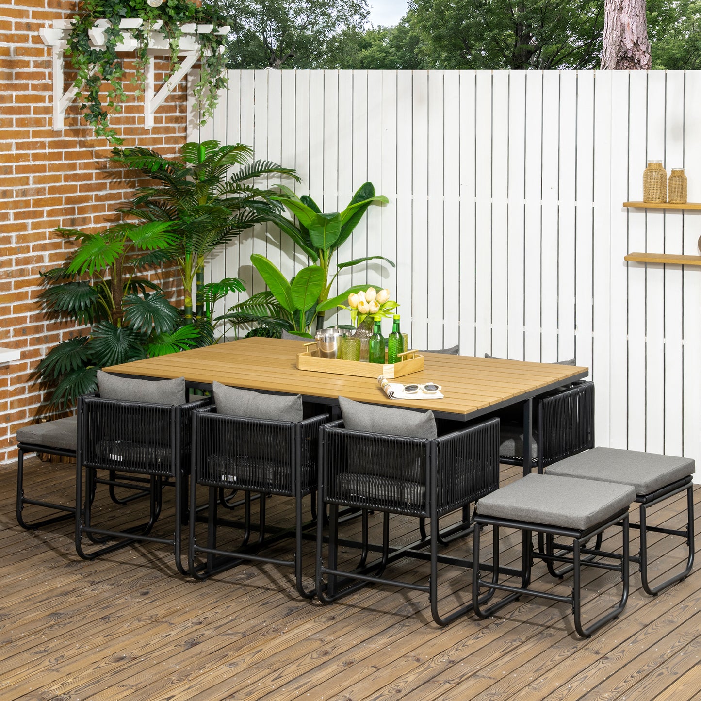 Outsunny 10 Seater Rattan Cube Garden Furniture Set with Wood Grain Plastic Top Table, Black