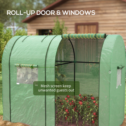 Outsunny greenhouse with an open roll-up door, mesh windows and tomato plants