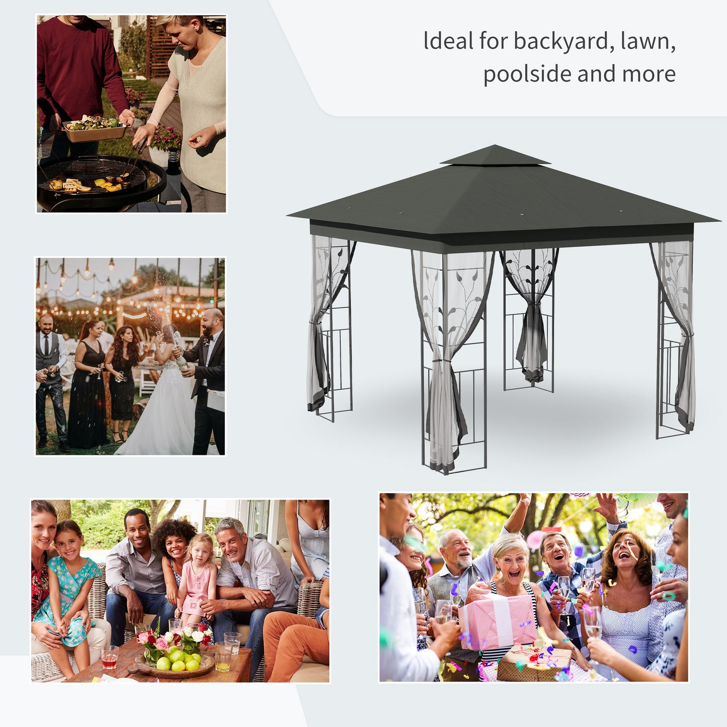 Outsunny 3 x 3(m) Steel Frame Double Roof Garden Gazebo - Grey