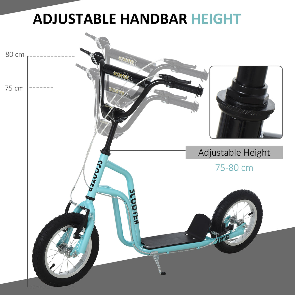 Blue kids' kick scooter with adjustable handlebar height from 75 to 80 cm
