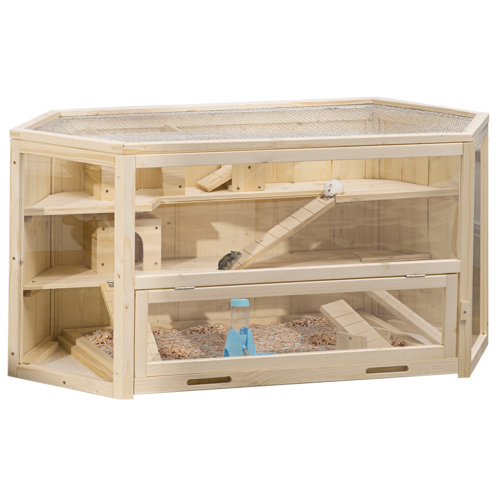 Photo of PawHut 3 Tier Wooden Large Hamster Cage with Sliding Tray, Seesaws, Water Bottle, Natural in Natural colour on a white background