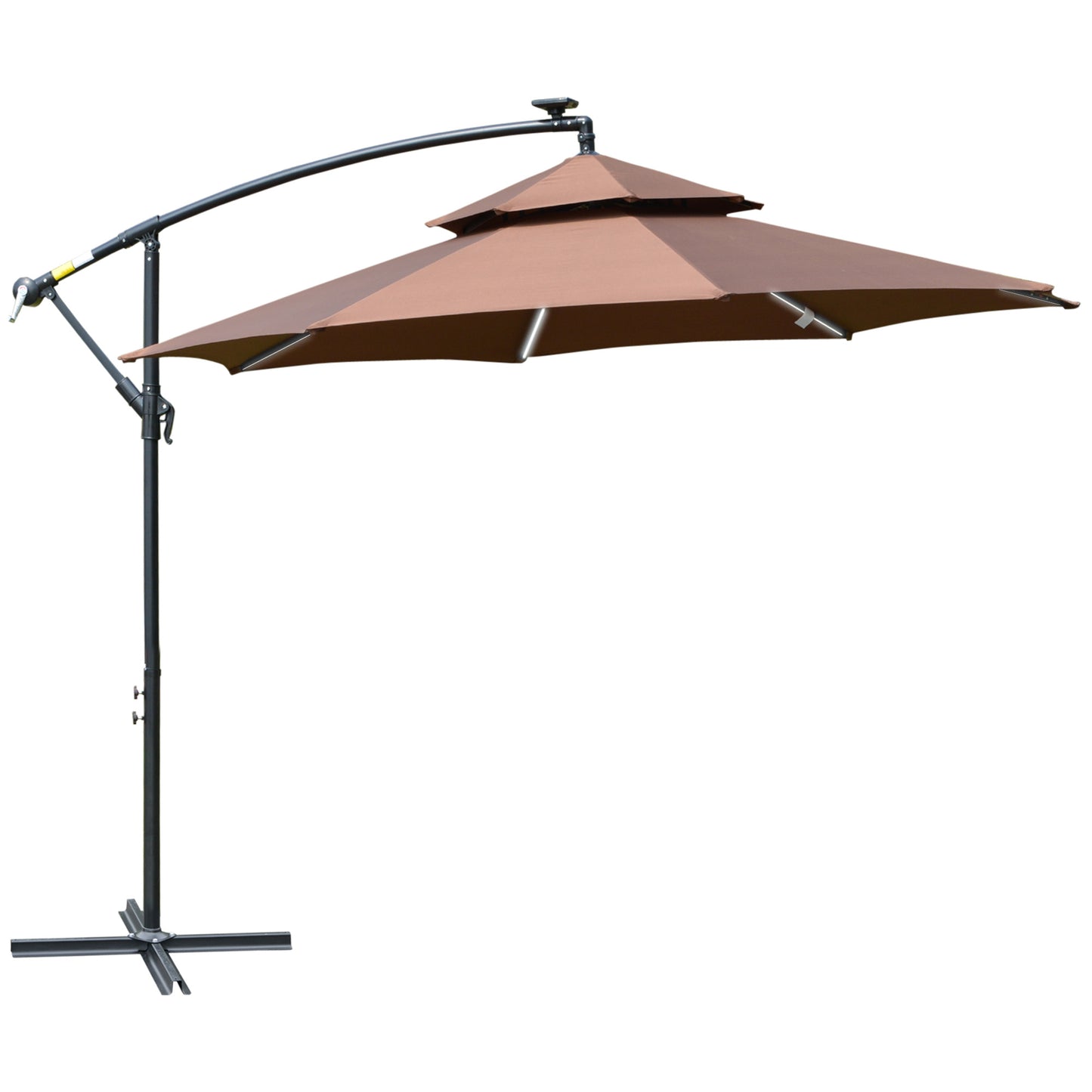 Photo of Outsunny 3(m) Cantilever Banana Parasol Hanging Umbrella with Double Roof, LED Solar lights, Crank, 8 Sturdy Ribs and Cross Base for Outdoor, Garden, Patio, Coffee in Coffee colour on a white background