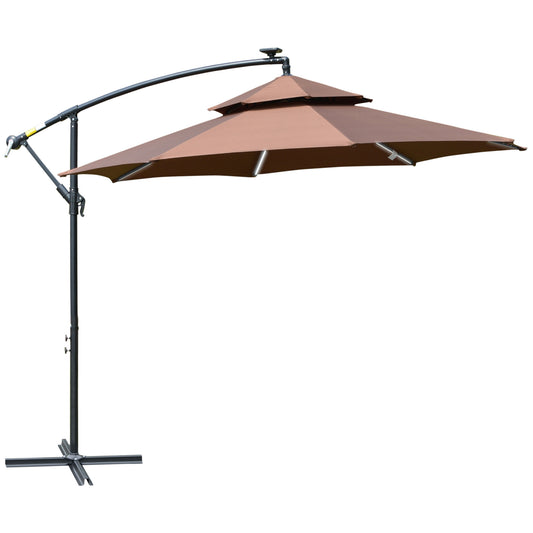 Photo of Outsunny 3(m) Cantilever Banana Parasol Hanging Umbrella with Double Roof, LED Solar lights, Crank, 8 Sturdy Ribs and Cross Base for Outdoor, Garden, Patio, Coffee in Coffee colour on a white background