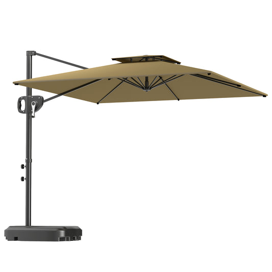 Photo of Outsunny Cantilever Parasol with Weighted Base Double Top Garden Parasol Square Hanging Patio Umbrella with Crank Tilt Khaki in Khaki colour on a white background