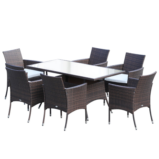 Photo of Outsunny 6 Seater Rattan Dining Set with Cushions, Rattan Garden Furniture Set with 6 Armchairs, Rectangular Glass Top Table, Outdoor Dining Table and Chairs, Brown in Brown colour on a white background