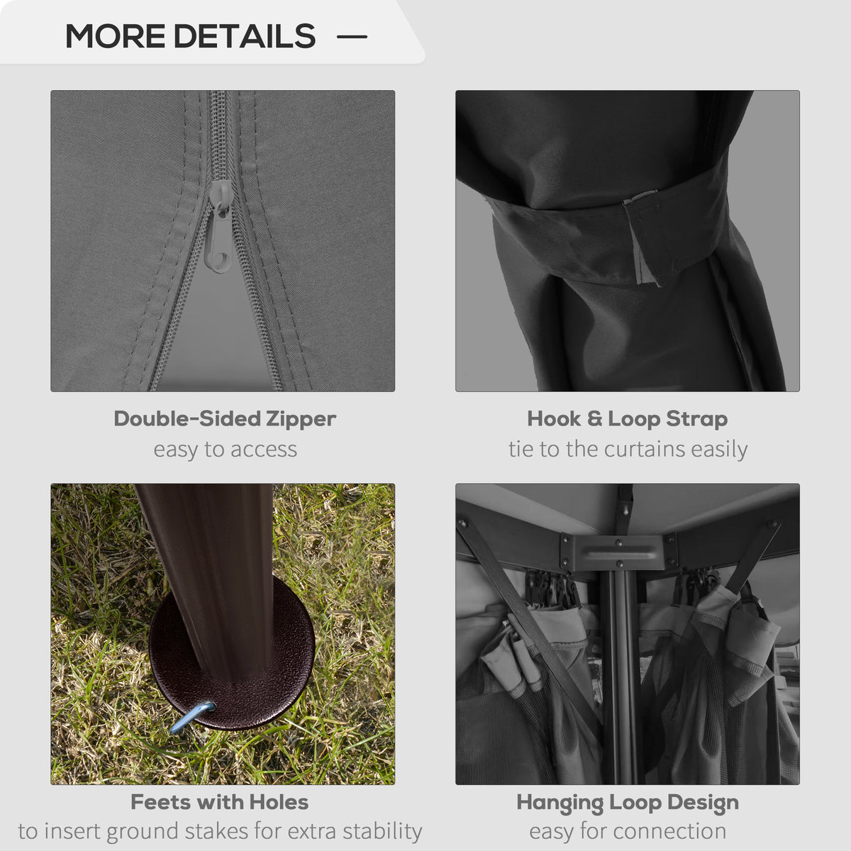 Gazebo detail collage showing curtain zipper, tie strap, stake holes, and hanging loops